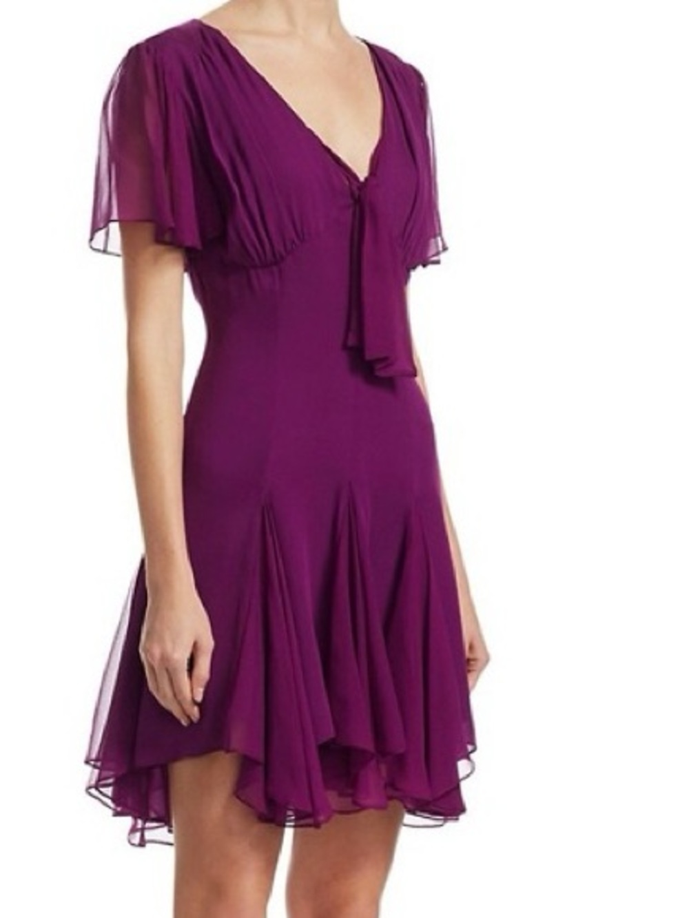 cinq a sept Plum Chiffon V-Neck Flutter Sleeve Dress- original price $495